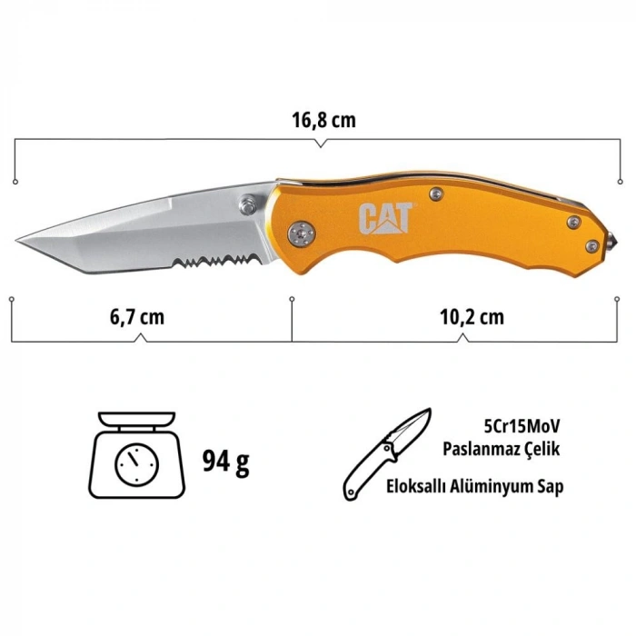 CAT DA980011 Kemer Askı Kancalı Cam Kırma Uçlu Katlanabilir 17CM Paslanmaz Çelik Sarı Kamp Çakısı