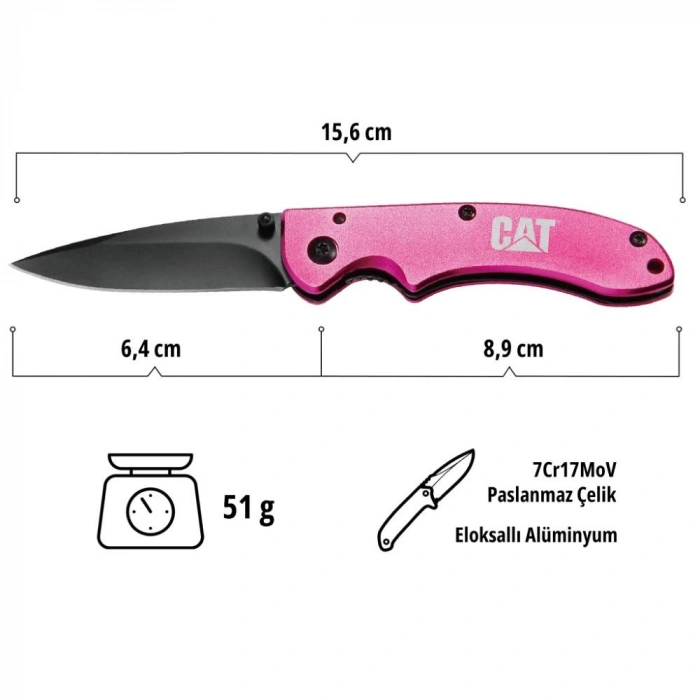 CAT DA980060 Kemer Askı Kancalı Katlanabilir 15CM Paslanmaz Çelik Pembe Kamp Çakısı