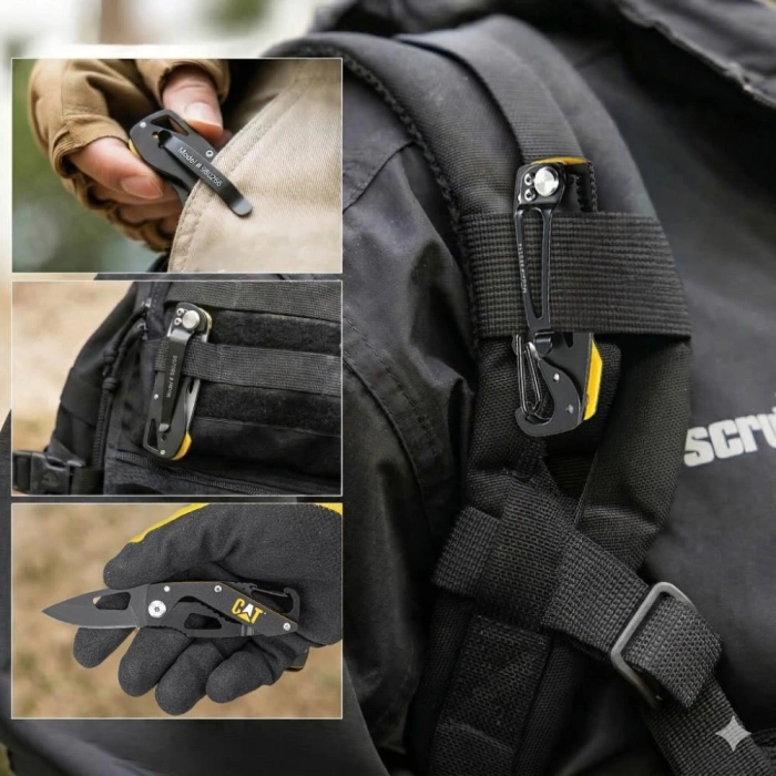 CAT DA980266 Kemer Askı Kancalı Karabinalı Katlanabilir 13CM Paslanmaz Çelik Siyah Kamp Çakısı