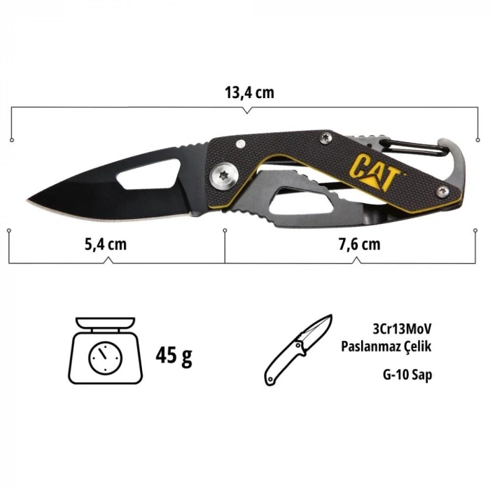 CAT DA980266 Kemer Askı Kancalı Karabinalı Katlanabilir 13CM Paslanmaz Çelik Siyah Kamp Çakısı