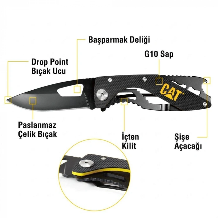 CAT DA980267 Kemer Askı Kancalı Şişe Açacaklı Katlanabilir 16CM Paslanmaz Çelik Siyah Kamp Çakısı
