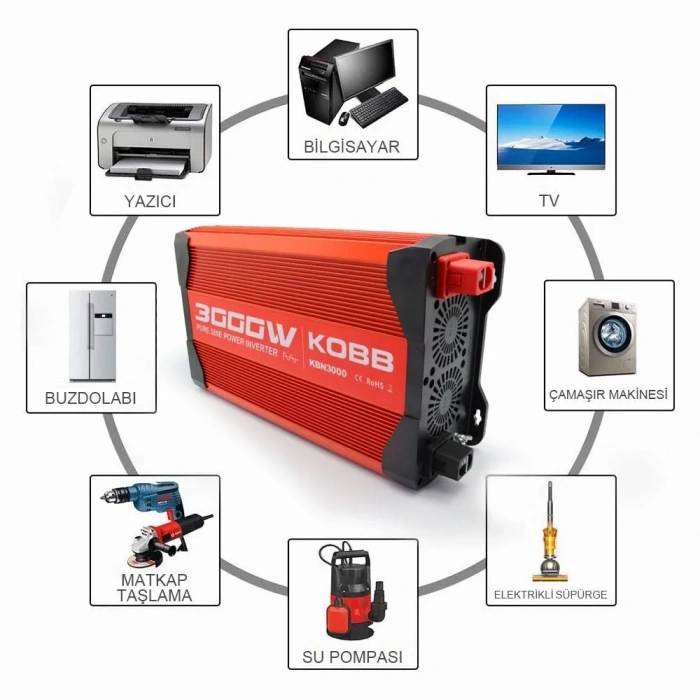 KOBB KBN3000 12V/220V 3000Watt Tam Sinüs Dönüştürücü İnvertör