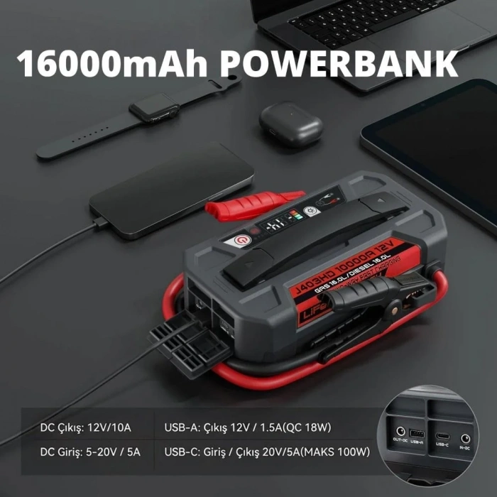 Lokithor J403HD 12V 10.000Amp Li-Polimer Akıllı Akü Takviye + Powerbank + Led Lamba