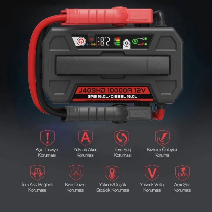 Lokithor J403HD 12V 10.000Amp Li-Polimer Akıllı Akü Takviye + Powerbank + Led Lamba