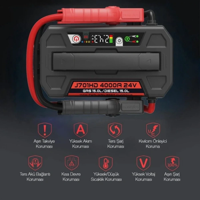 Lokithor J701HD 24V 4000Amp Li-Polimer Akıllı Akü Takviye + Powerbank + Led Lamba