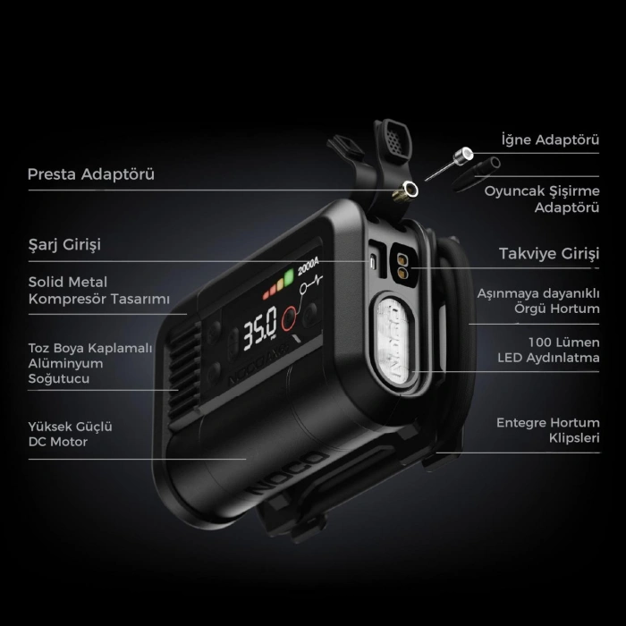 NOCO AX65 12V Lityum 2000Amp Akıllı Akü Takviye + Pompa + Powerbank + Led Lamba