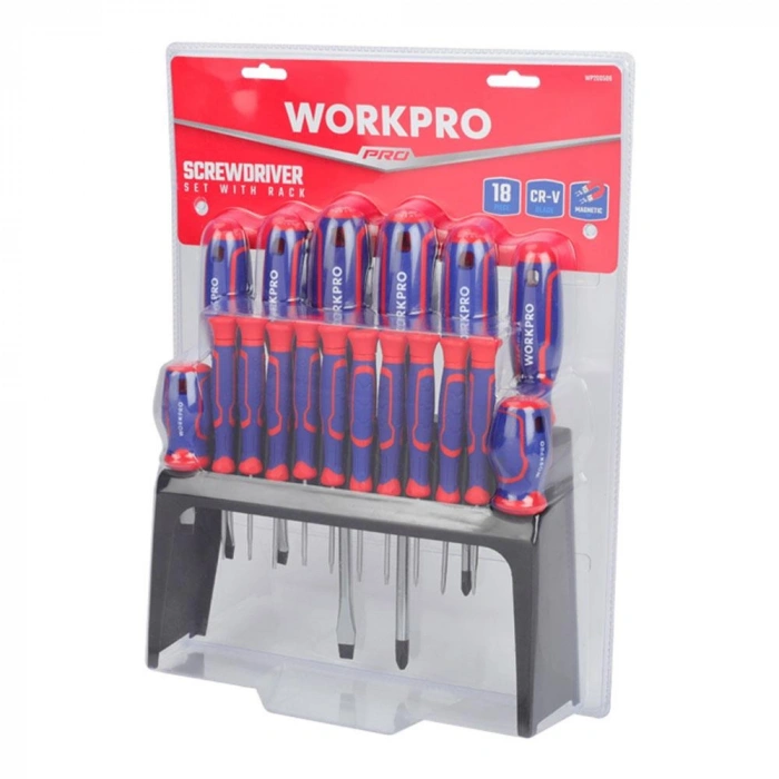 WORKPRO WP200506 18 Parça Duvar Askı Aparatlı Profesyonel CR-V Manyetik Tornavida Seti