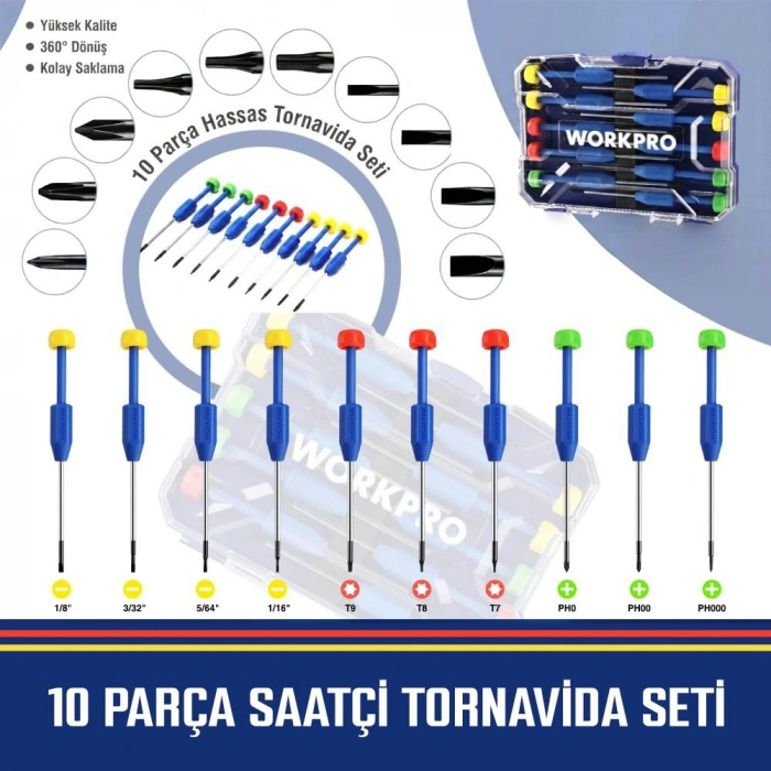WORKPRO WP200530 CR-V 10 Parça Profesyonel Manyetik Hassas Tornavida Seti