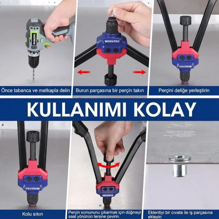 WORKPRO WP200532 400mm INC/MM Ağır Hizmet Kollu Somun Perçinleme Tabancası + 185 Adet Perçin