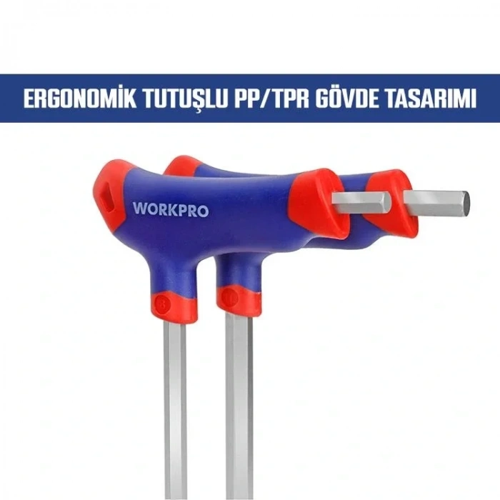 WORKPRO WP200542 8 Parça CR-V Top Başlı T Tipi Uzun Profesyonel Allen Anahtar Takımı
