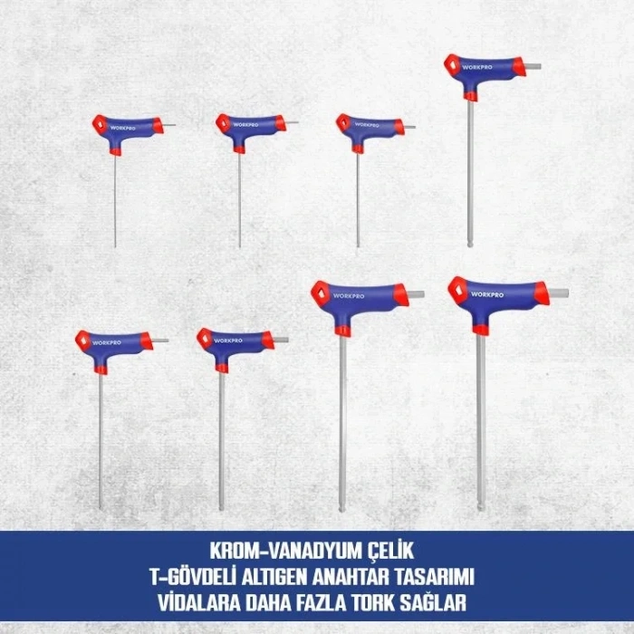 WORKPRO WP200542 8 Parça CR-V Top Başlı T Tipi Uzun Profesyonel Allen Anahtar Takımı