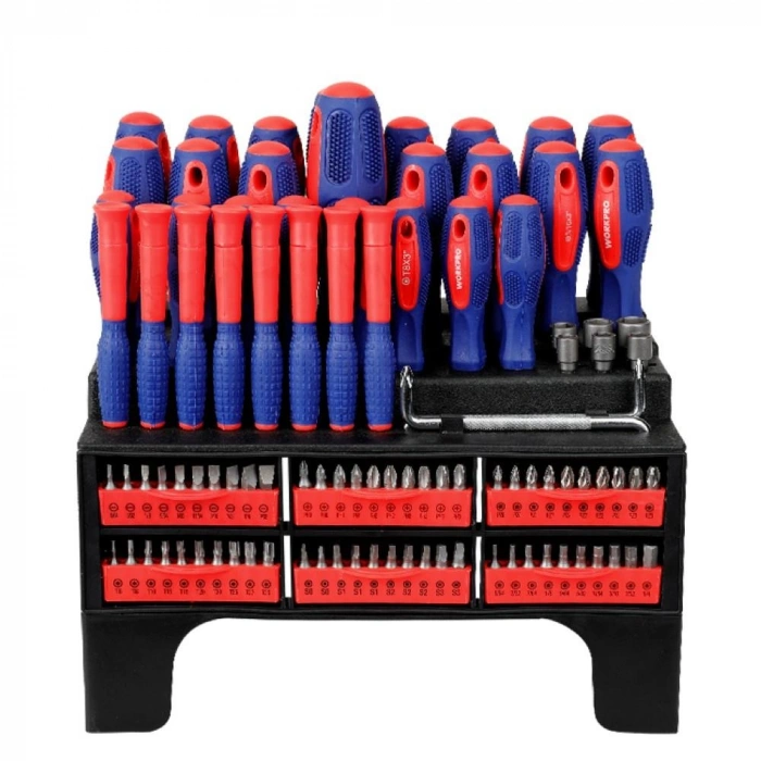 WORKPRO WP200560 100 Parça Duvar Askı Aparatlı Profesyonel CR-V Manyetik Tornavida ve Bits Uç Seti