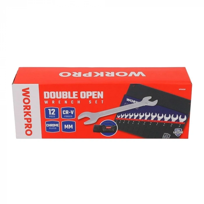 WORKPRO WP202507 6-32mm 12 Parça CR-V Profesyonel Açık Ağız Anahtar Takımı + Bez Taşıma Kılıfı