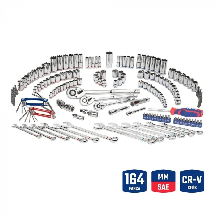WORKPRO WP202530 1/4’ 3/8’’ 1/2’ Metrik/İnç 164 Parça Cr-V Ağır Hizmet Lokma ve Kombine Anahtar Takımı
