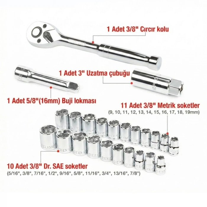 WORKPRO WP202541 3/8’ CR-V 24 Parça Metrik/İnç Ağır Hizmet Lokma Takımı