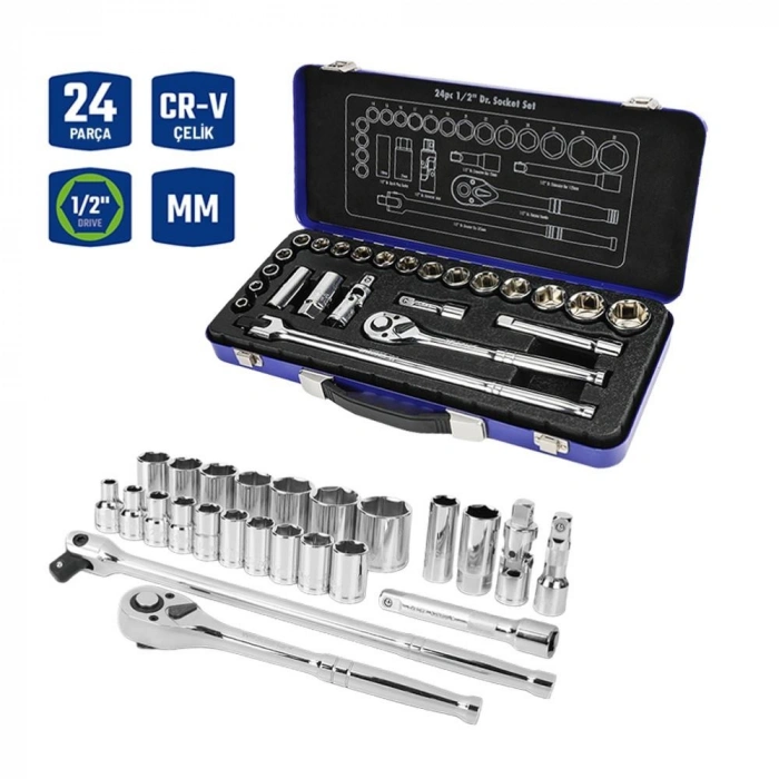 WORKPRO WP202564 1/2’ Cr-V 24 Parça Metrik Ağır Hizmet Lokma Takımı