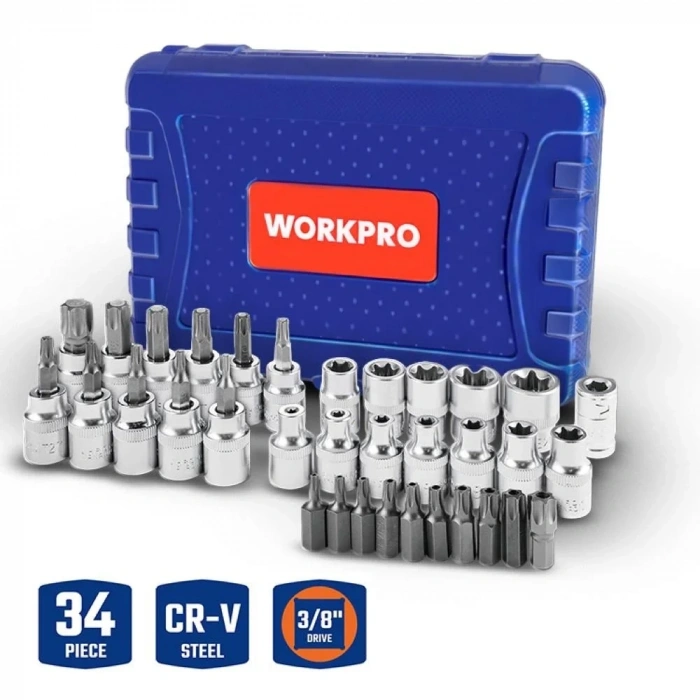 WORKPRO WP202595 3/8’ CR-V 34 Parça Ağır Hizmet Torx Lokma Takımı (E/T Serisi)