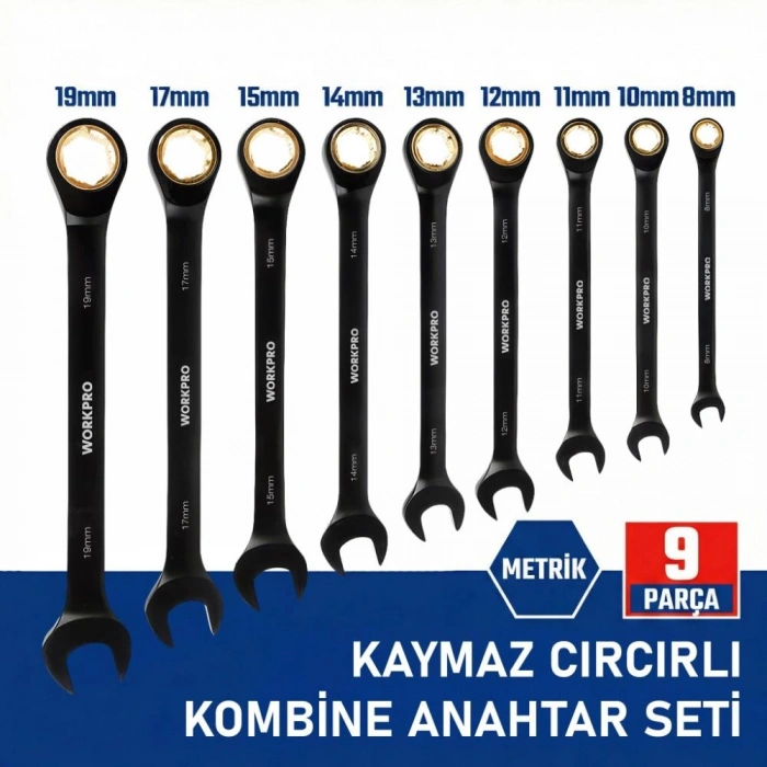 WORKPRO WP202602 8-19mm 9 Parça CR-V Profesyonel Cırcır Kombine Anahtar Takımı + Bez Taşıma Kılıfı
