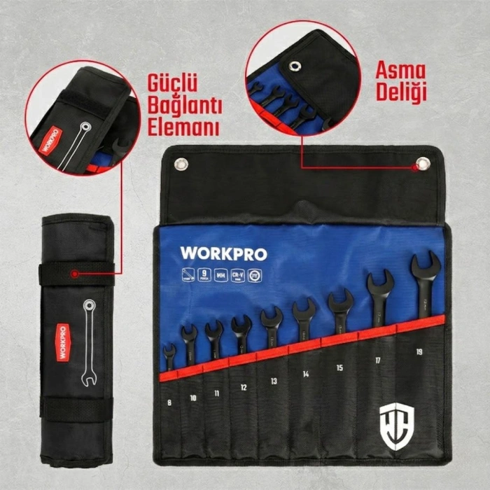 WORKPRO WP202602 8-19mm 9 Parça CR-V Profesyonel Cırcır Kombine Anahtar Takımı + Bez Taşıma Kılıfı