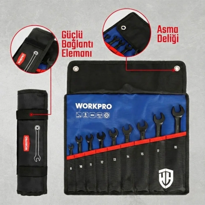 WORKPRO WP202602 8-19mm 9 Parça CR-V Profesyonel Cırcır Kombine Anahtar Takımı + Bez Taşıma Kılıfı