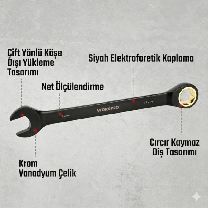 WORKPRO WP202602 8-19mm 9 Parça CR-V Profesyonel Cırcır Kombine Anahtar Takımı + Bez Taşıma Kılıfı