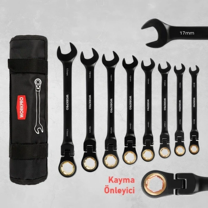 WORKPRO WP202603 8-17mm 8 Parça CR-V Profesyonel Mafsallı Cırcır Kombine Anahtar Takımı + Bez Taşıma Kılıfı