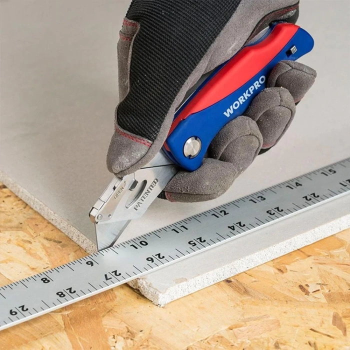 WORKPRO WP211006 Ağır Hizmet Paslanmaz Çelik Gövde Katlanır Rötuş Maket Bıçağı + 6 Adet Yedek Bıçak