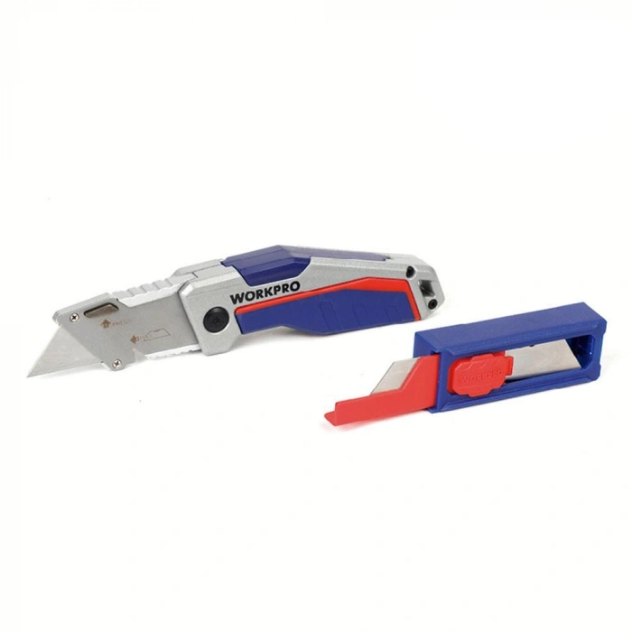 WORKPRO WP211012 Ağır Hizmet Alüminyum Gövde Katlanır Rötuş Maket Bıçağı + 10 Adet Yedek Bıçak