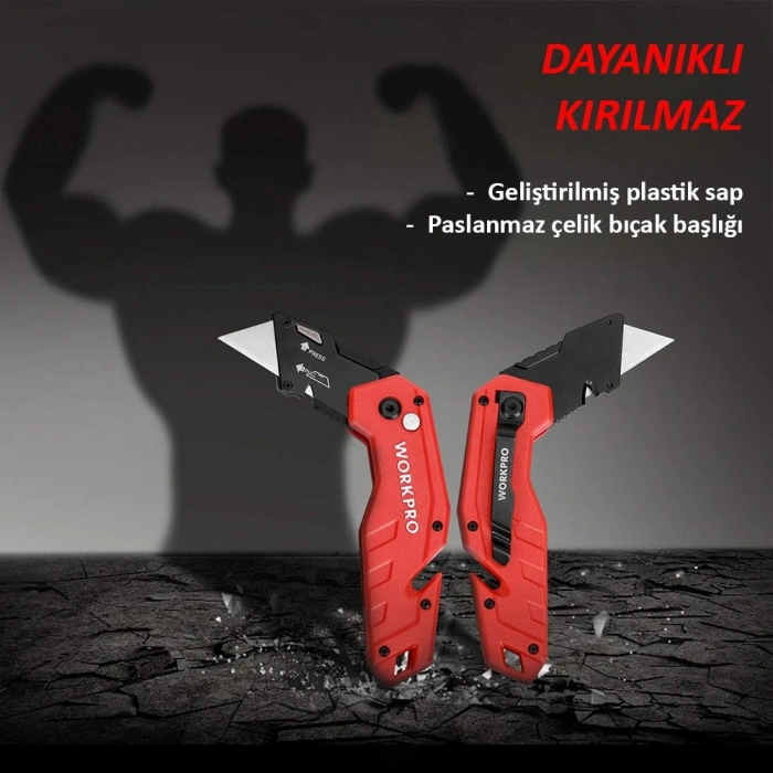 WORKPRO WP211018 Profesyonel Katlanır Çok Amaçlı Rötuş Maket Bıçağı + 10 Adet Yedek Bıçak