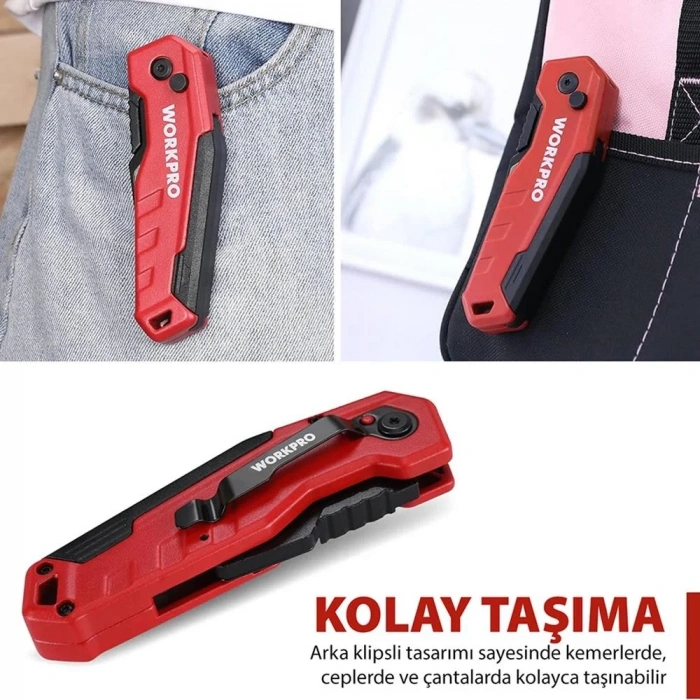 WORKPRO WP211026 Katlanır Çok Amaçlı Profesyonel Rötuş Maket Bıçağı + 14 Adet Yedek Bıçak