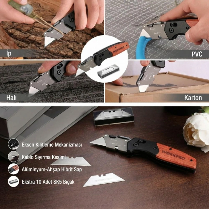 WORKPRO WP211035 Ağır Hizmet Çelik/Ahşap Gövde Katlanır Rötuş Maket Bıçağı + 11 Adet Yedek Bıçak
