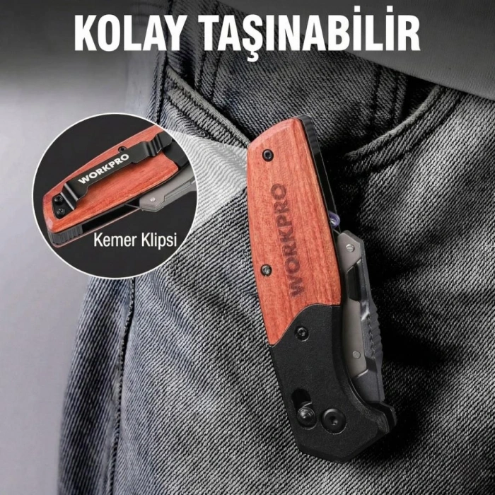 WORKPRO WP211035 Ağır Hizmet Çelik/Ahşap Gövde Katlanır Rötuş Maket Bıçağı + 11 Adet Yedek Bıçak