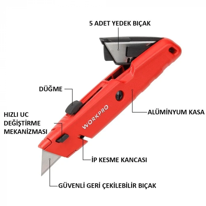 WORKPRO WP213009 Ağır Hizmet Alüminyum Gövde Geri Çekilebilir Rötuş Maket Bıçağı + 5 Adet Yedek Bıçak