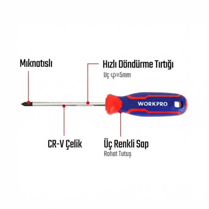 WORKPRO WP221036 PZ1x100mm CR-V Manyetik Profesyonel Yıldız Tornavida