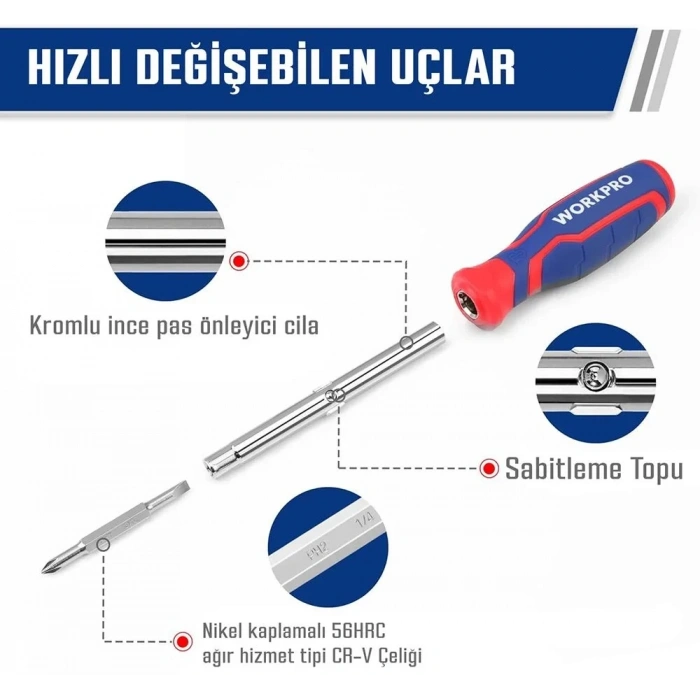 WORKPRO WP221306 15-IN-1 Çok Fonksiyonlu Değişken Uçlu Profesyonel Tornavida Seti + Bel Askı Kılıfı