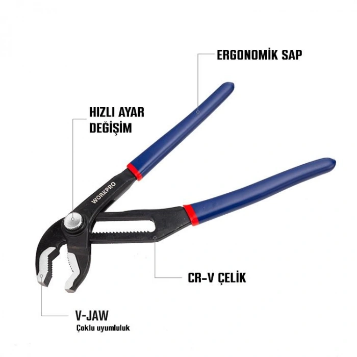 WORKPRO WP231086 200MM CR-V Profesyonel Ayarlı Düğmeli Fort Pense
