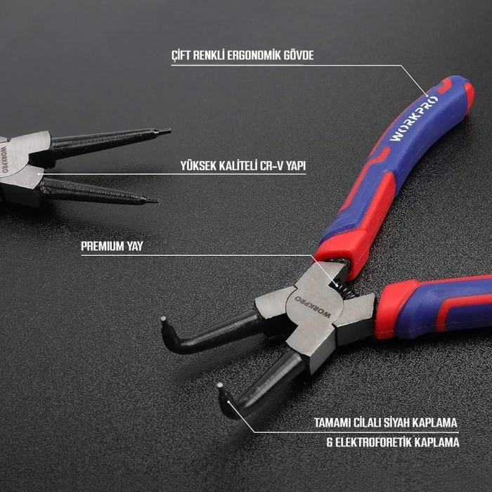 WORKPRO WP231151 180MM CR-V Eğri Uçlu Yaylı Profesyonel Dış Segman Pensesi