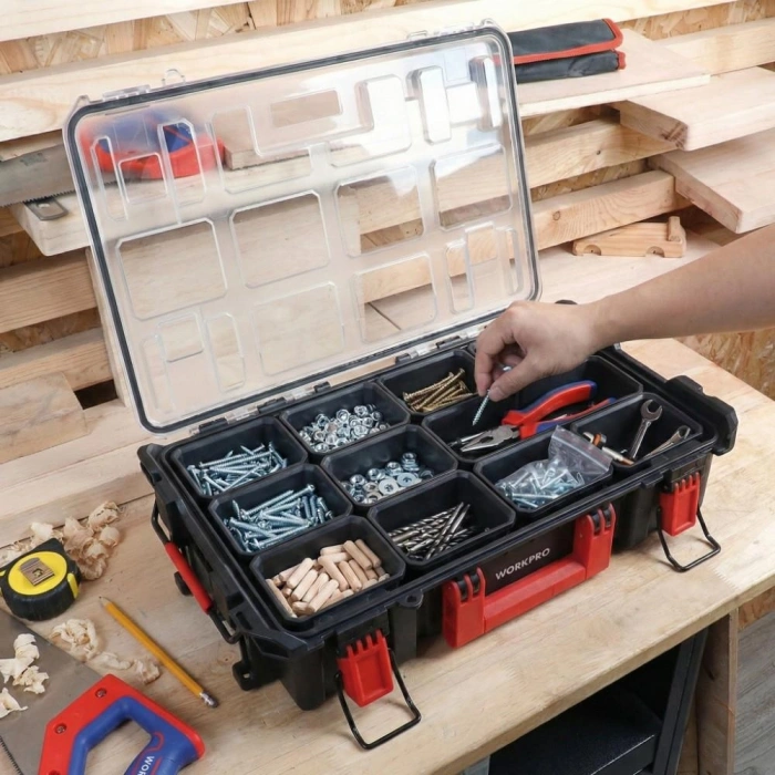 WORKPRO WP283029 24Lt 12 Gözlü Şeffaf Kapaklı İstiflenebilir 56x35x12,5cm Profesyonel Organizer Takım Çantası