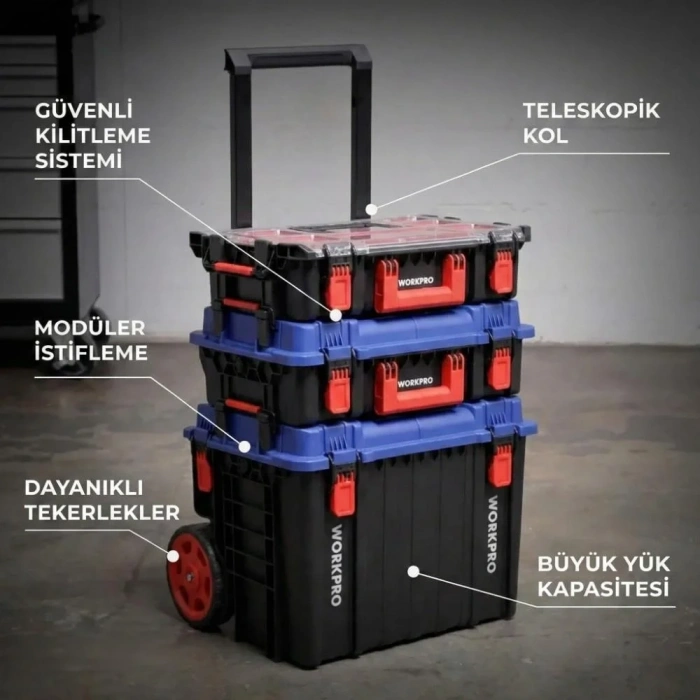 WORKPRO WP283032 54Lt 56x44,2x50cm Tekerlekli Kilitli Profesyonel Takım Çantası