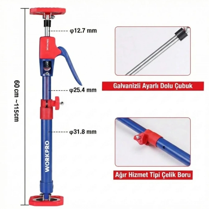 WORKPRO WP289035 60-115cm 70Kg Teleskobik Mandallı Ayarlanabilir 2’Li Çelik Destek Direği + Taşıma Çantası