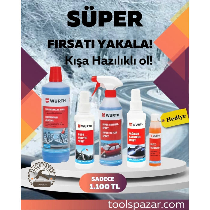 WÜRTH KIŞ SETİ (Cam suyu, Buz Çözücü, Buğu Önleyici, Yağmur Kaydırıcı + Cam Sabunu)