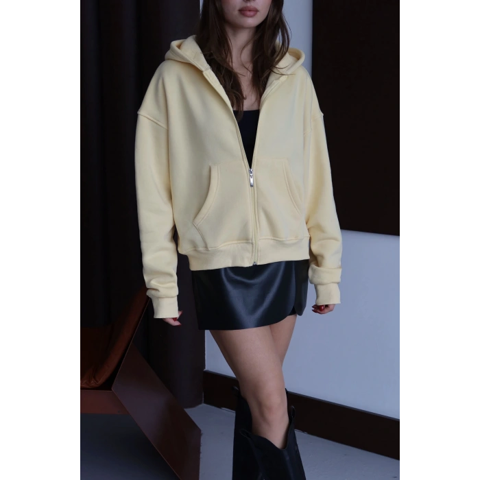 3 iplik şardonlu kapşonlu hoodie frm sarı p510437