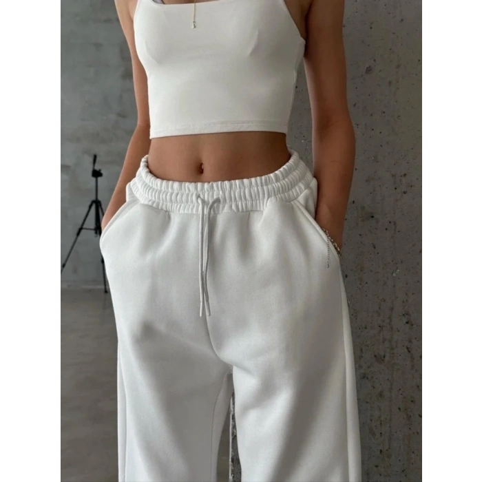 3 iplik şardonlu Lastik paça eşofman beyaz p510439