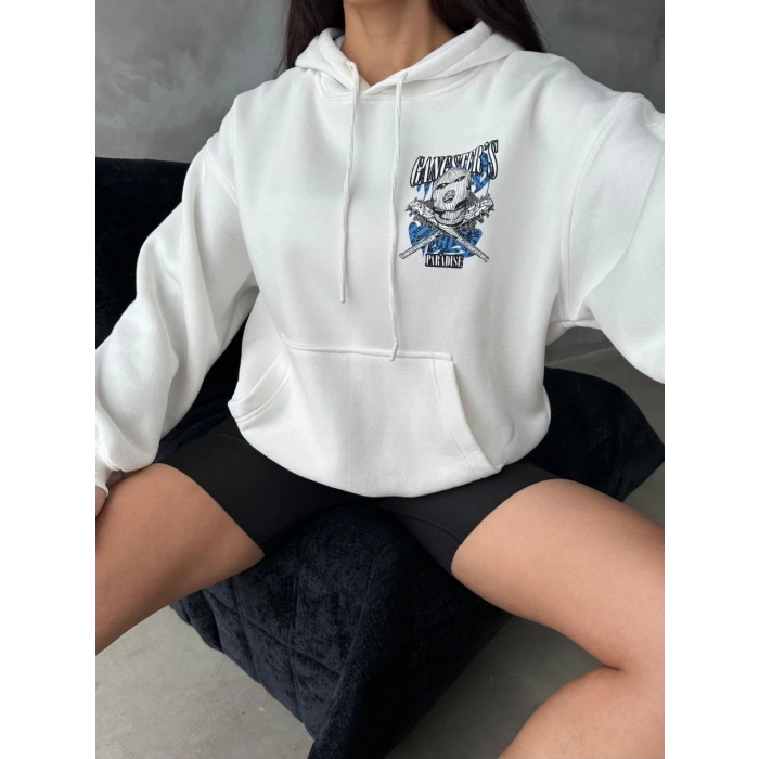 3 iplik şardonlu oversize kafa baskılı sweat beyaz