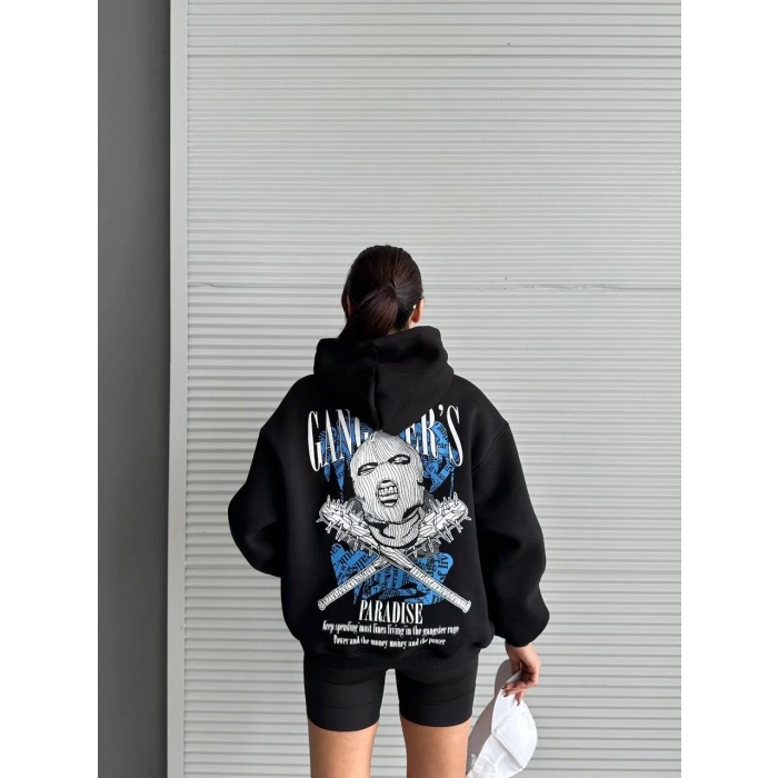 3 iplik şardonlu oversize kafa baskılı sweat siyah