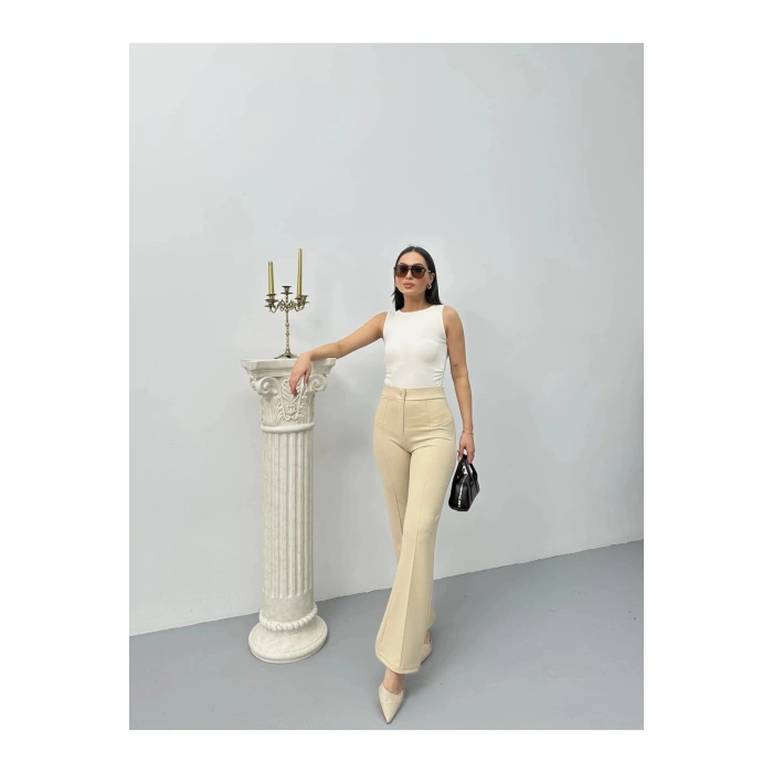 Düğmeli Palazzo pantolon bej p170091