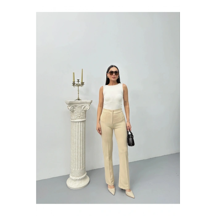 Düğmeli Palazzo pantolon bej p170091
