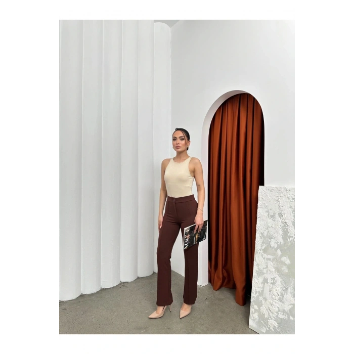 Düğmeli Palazzo pantolon kahve p170091