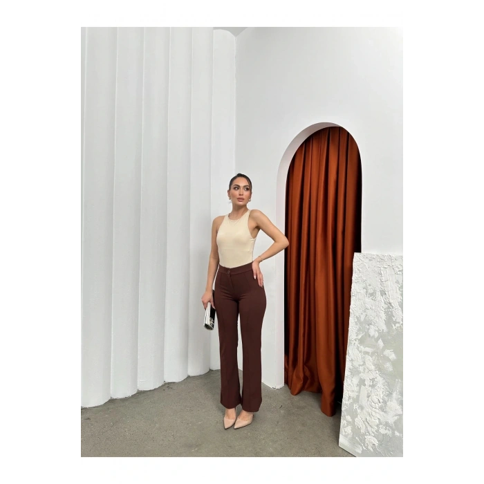 Düğmeli Palazzo pantolon kahve p170091