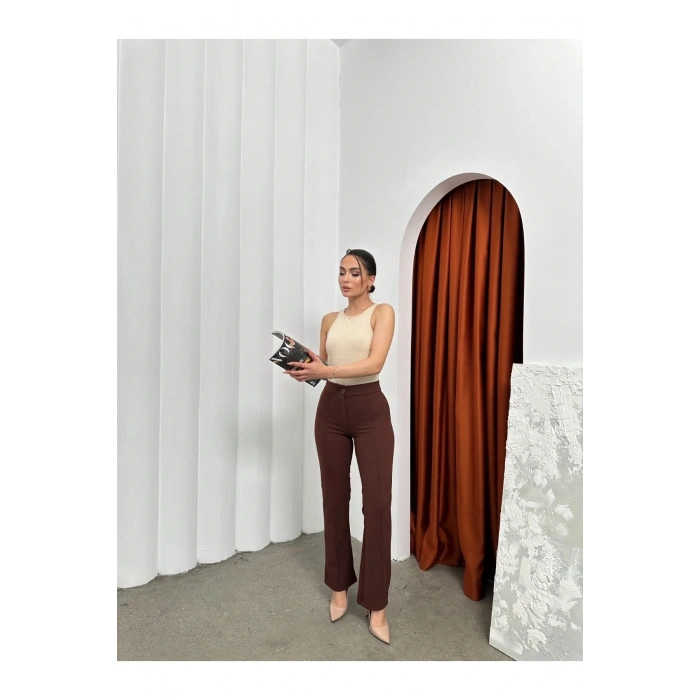 Düğmeli Palazzo pantolon kahve p170091